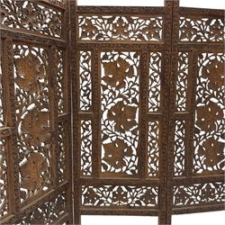 Anglo-Indian heavily carved and pierced three panel folding screen 