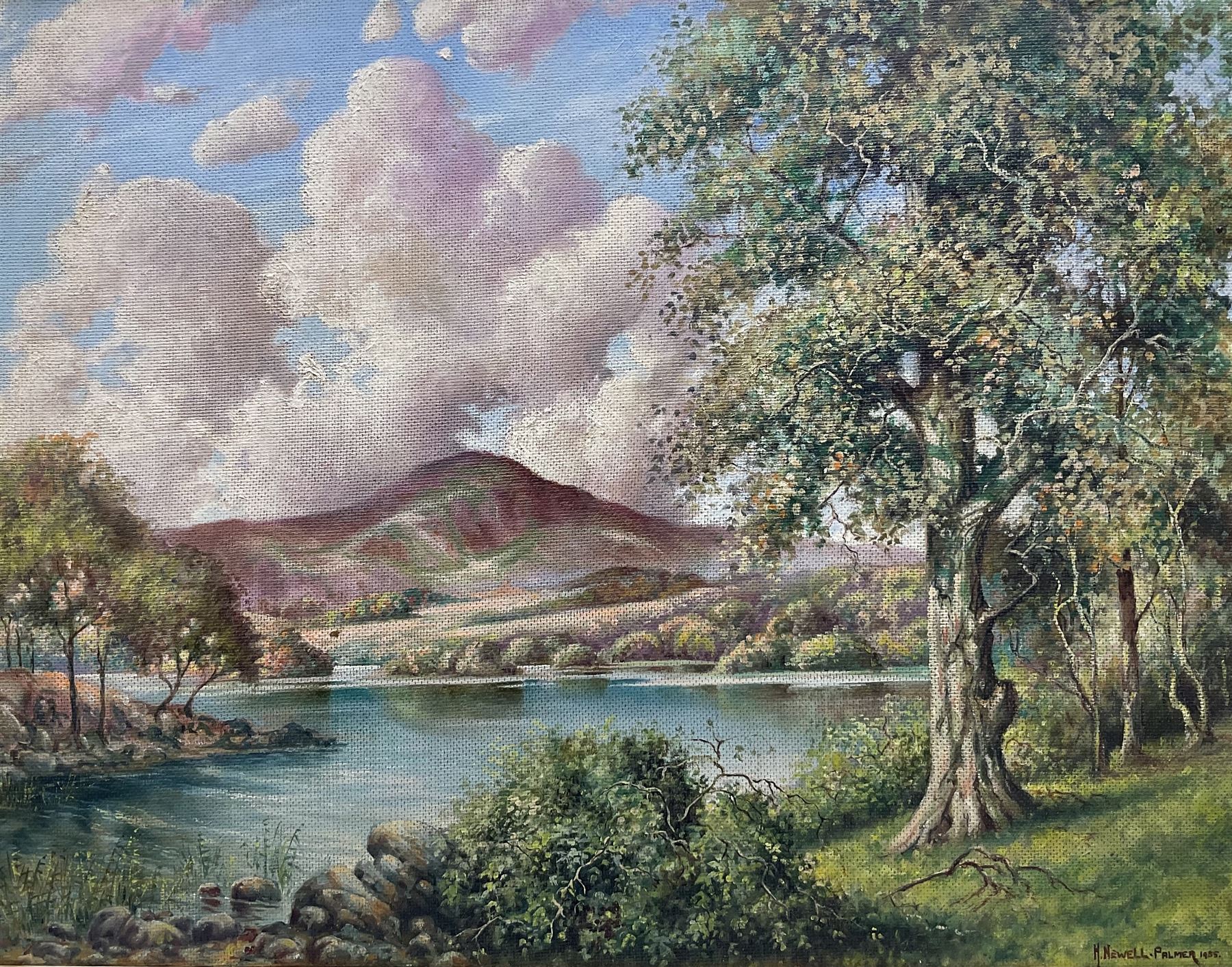 Herbert Newell 'Bert' Palmer (British 1900-1980): Rydal Water, oil on board signed and dated 1955  54cm x 68cm
Notes: better known as an actor, appearing in A Kind of Loving (1962), The Avengers (1961), Nearest and Dearest (1968), and Coronation Street, Bert Palmer was also an accomplished artist.