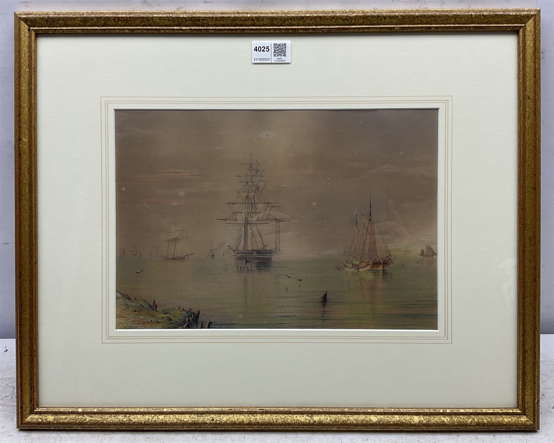 William Frederick Settle (Hull 1821-1897): Shipping in a Calm, pastel and pencil unsigned 22cm x 32cm