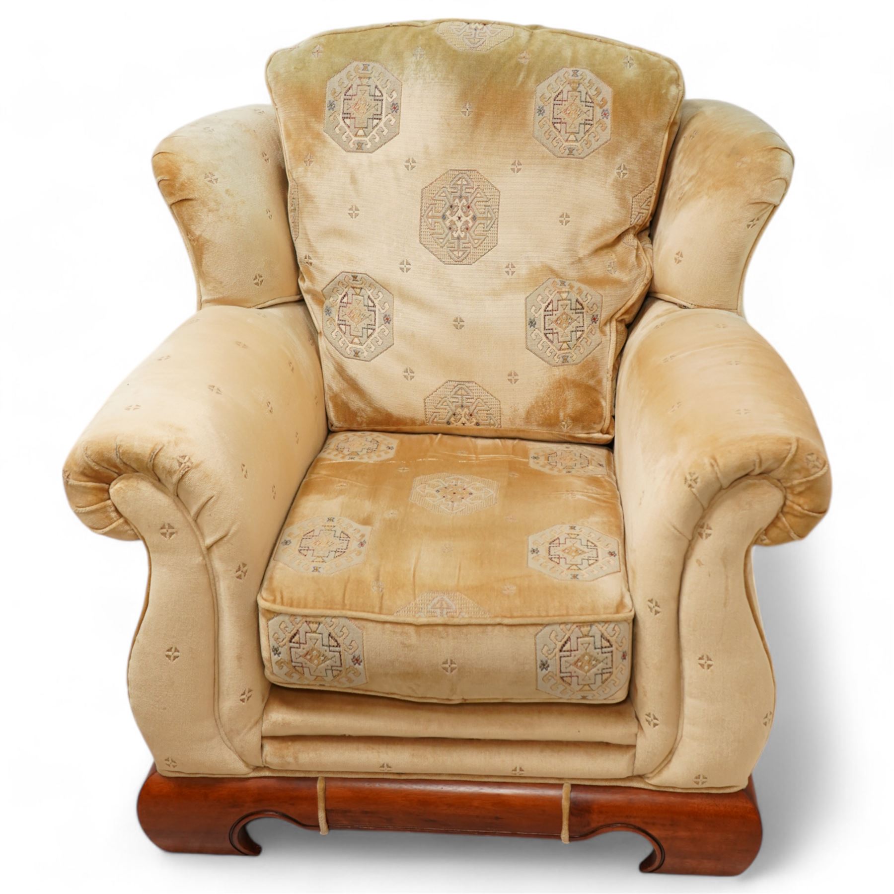 Three-seat sofa (W197cm, D103cm) and pair of matching armchairs (W100cm); upholstered in pale gold fabric decorated with Gul motifs, hardwood framed with polished base