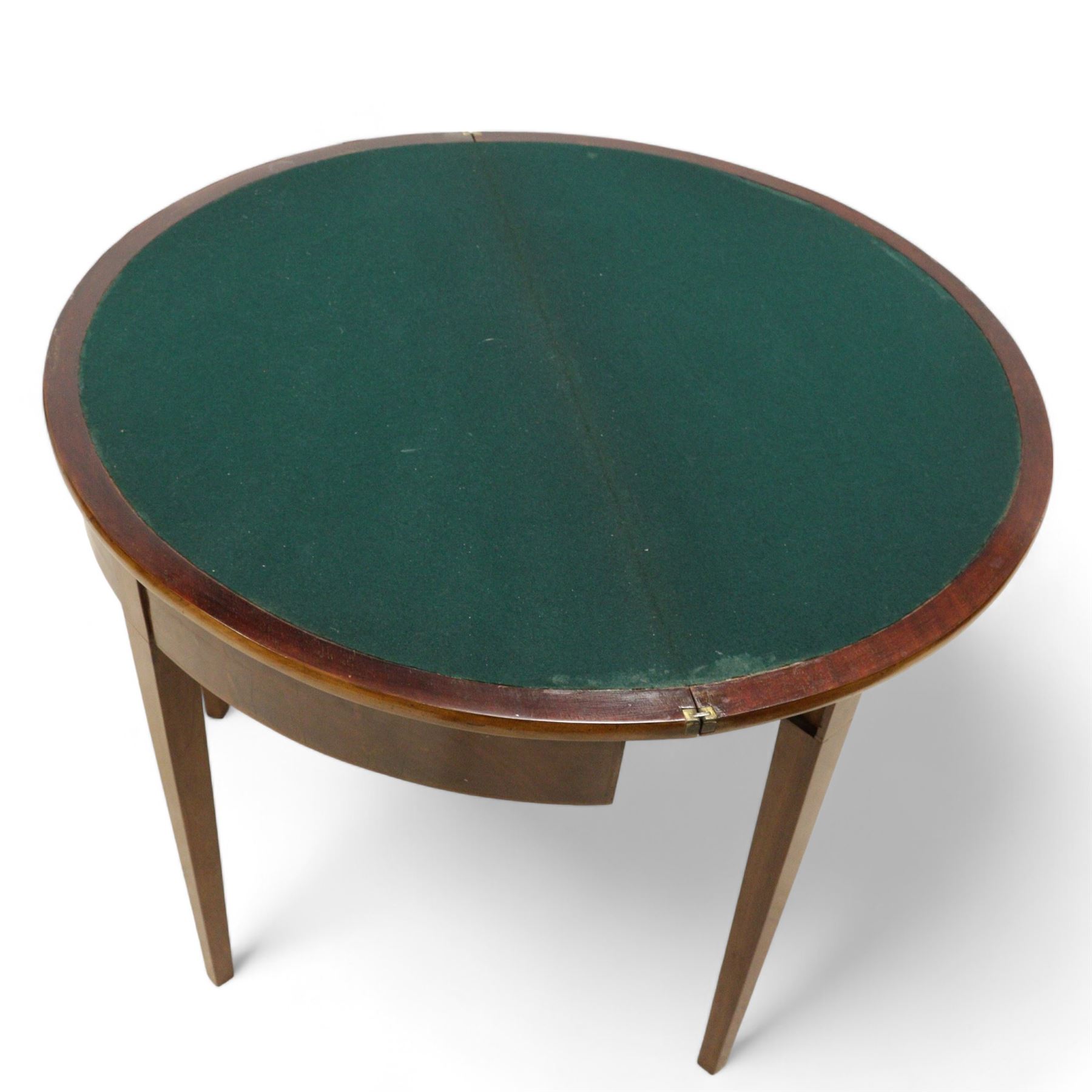 19th century inlaid mahogany D shaped card side table with fold-over extending baize lined top