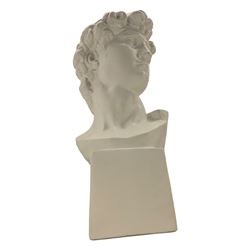 Large plaster bust depicting David, on integral square plinth, H61cm 