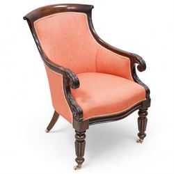 Regency mahogany library reading chair, curved and rolled cresting rail with scroll carved...