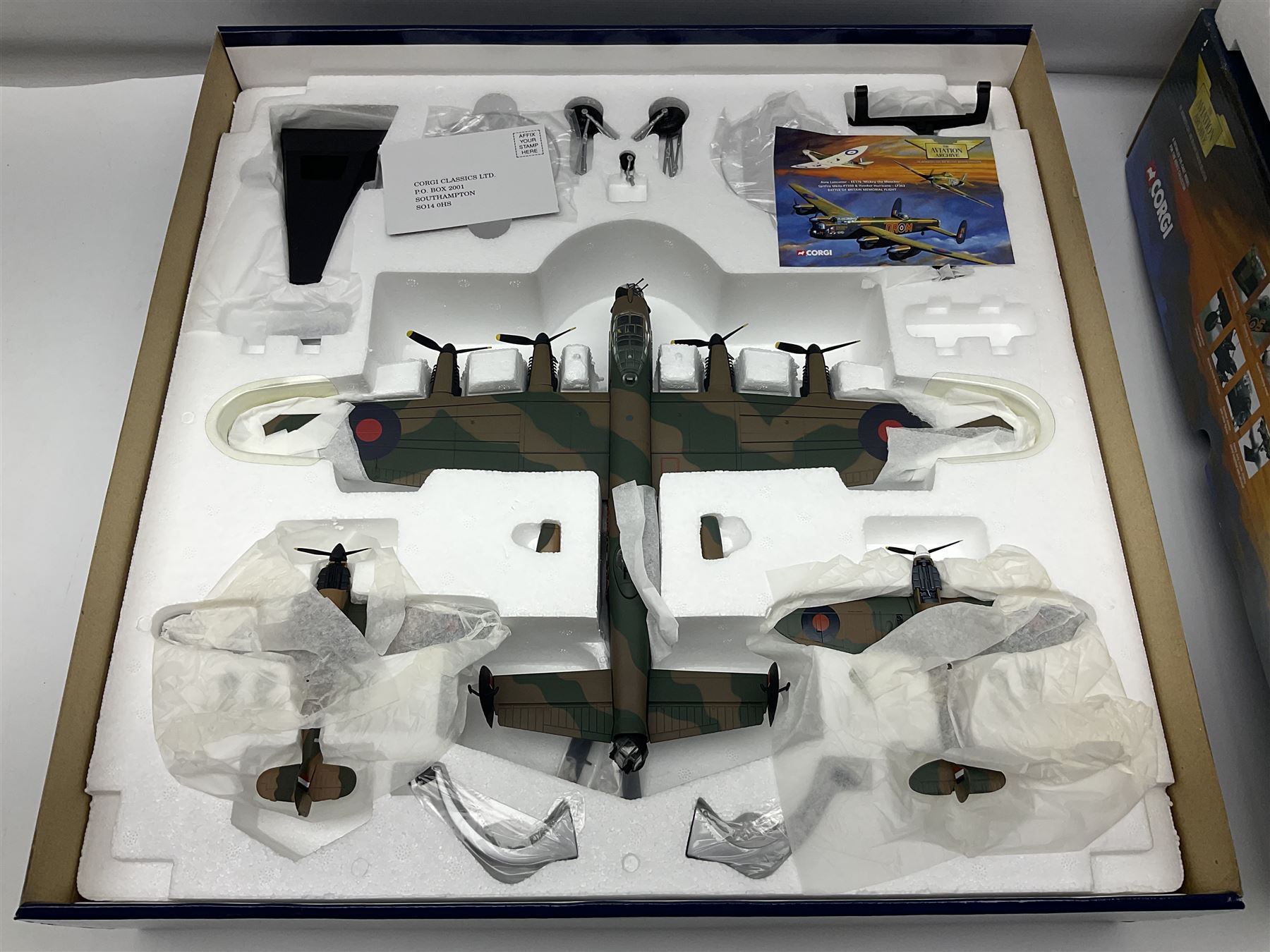 Corgi - Limited Edition Aviation Archive AA32602 1:72 scale Battle of Britain Memorial Flight boxed set, comprising Avro Lancaster EE176 'Mickey the Moocher', Spitfire MkIIa-P7350 and Hawker Hurricane LF363; boxed with certificate 1419/5600; together with Corgi Aviation Archive Battle of Britain No.47301 1:144 scale Avro Lancaster; 1st Issue in box (2)