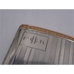 1920s silver cigarette case, of rectangular form with engine turned decoration and bands of embossed rose gold decoration either side, with engraved cartouche, hallmarked William Neale & Son Ltd, Birmingham 1924, H8.4cm