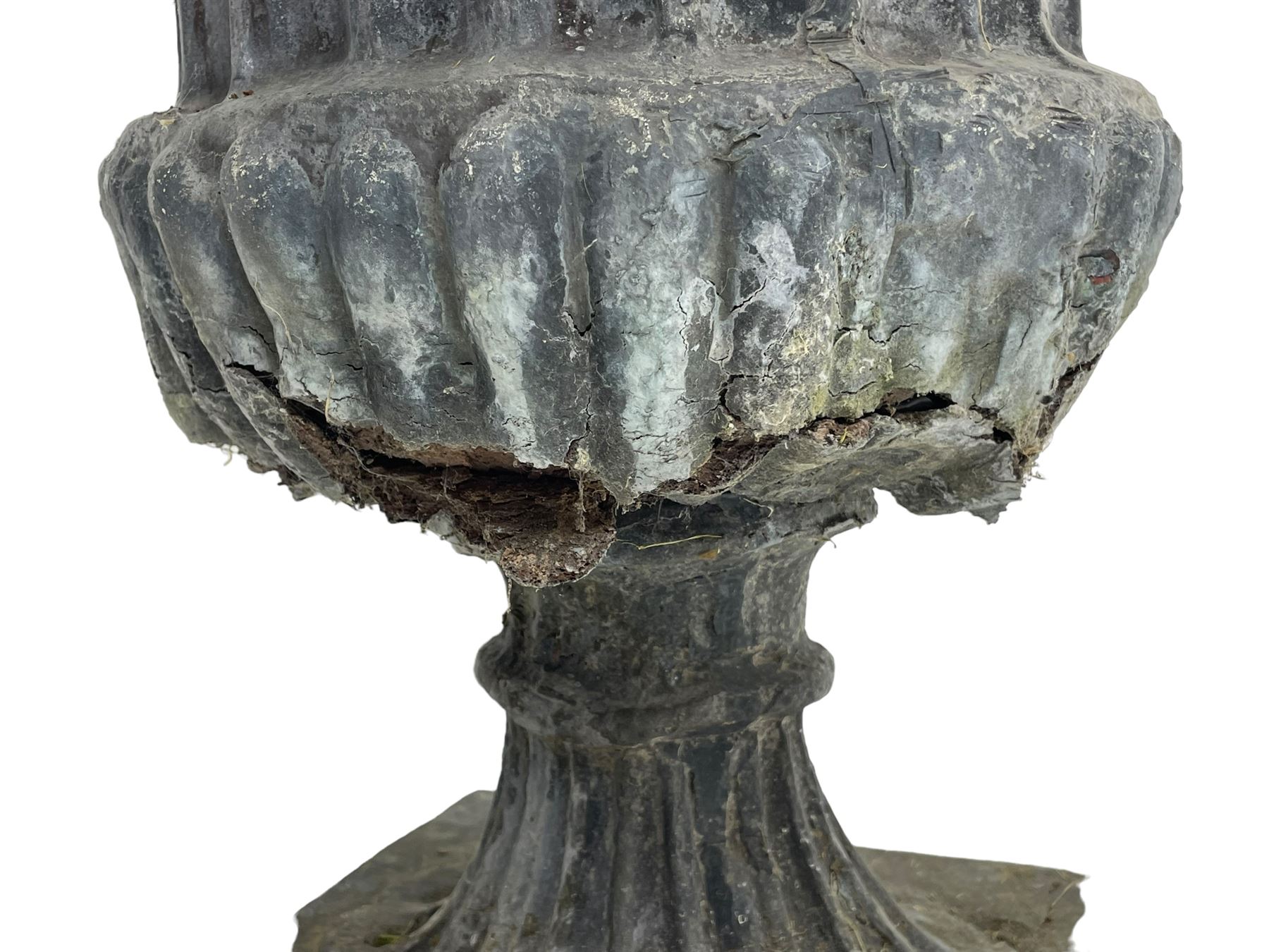 Pair of 19th century lead Campana shaped garden urns, egg and dart moulded rim, tapered fluted body over gadrooned underbelly, tapered and fluted foot on moulded square base 