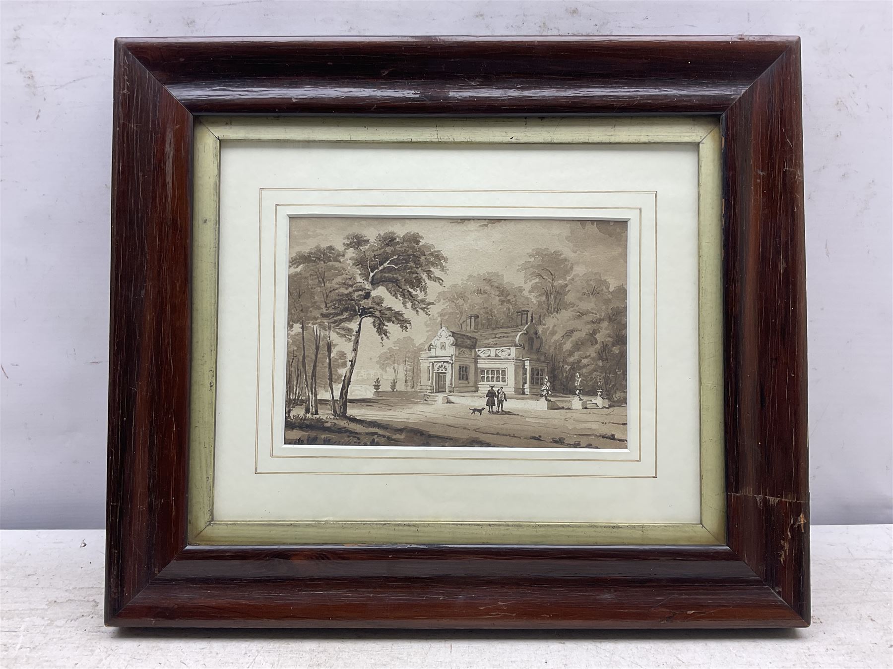 English School (19th century): ‘Design for a Maison de Campaigne’, sepia watercolour unsigned, titled and signed with initials HG with an architectural drawing verso 14cm x 21cm