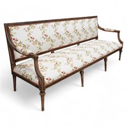 Late 19th century Swedish beech-framed settee, upholstered in cream fabric with trailing f...