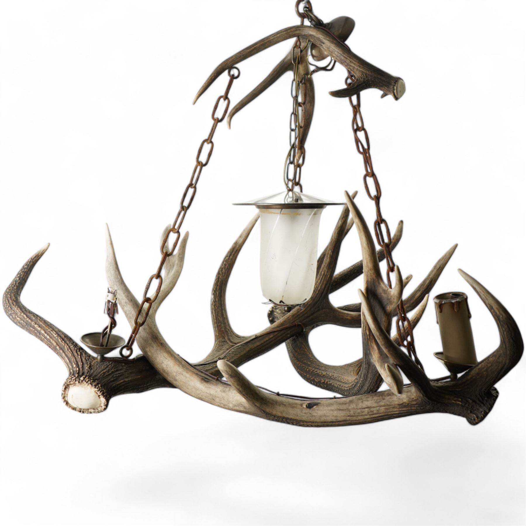 Deer antler chandelier, of triangular form, with four fitted lights H76cm