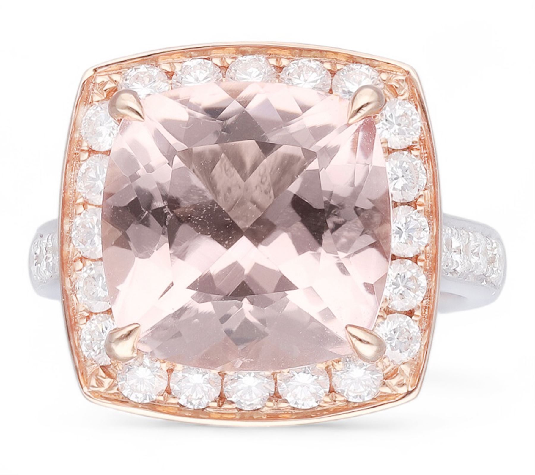 18ct white and rose gold cushion cut morganite and round brilliant cut diamond cluster ring, with diamond set shoulders, hallmarked, morganite 6.10 carat, total diamond weight 0.99 carat