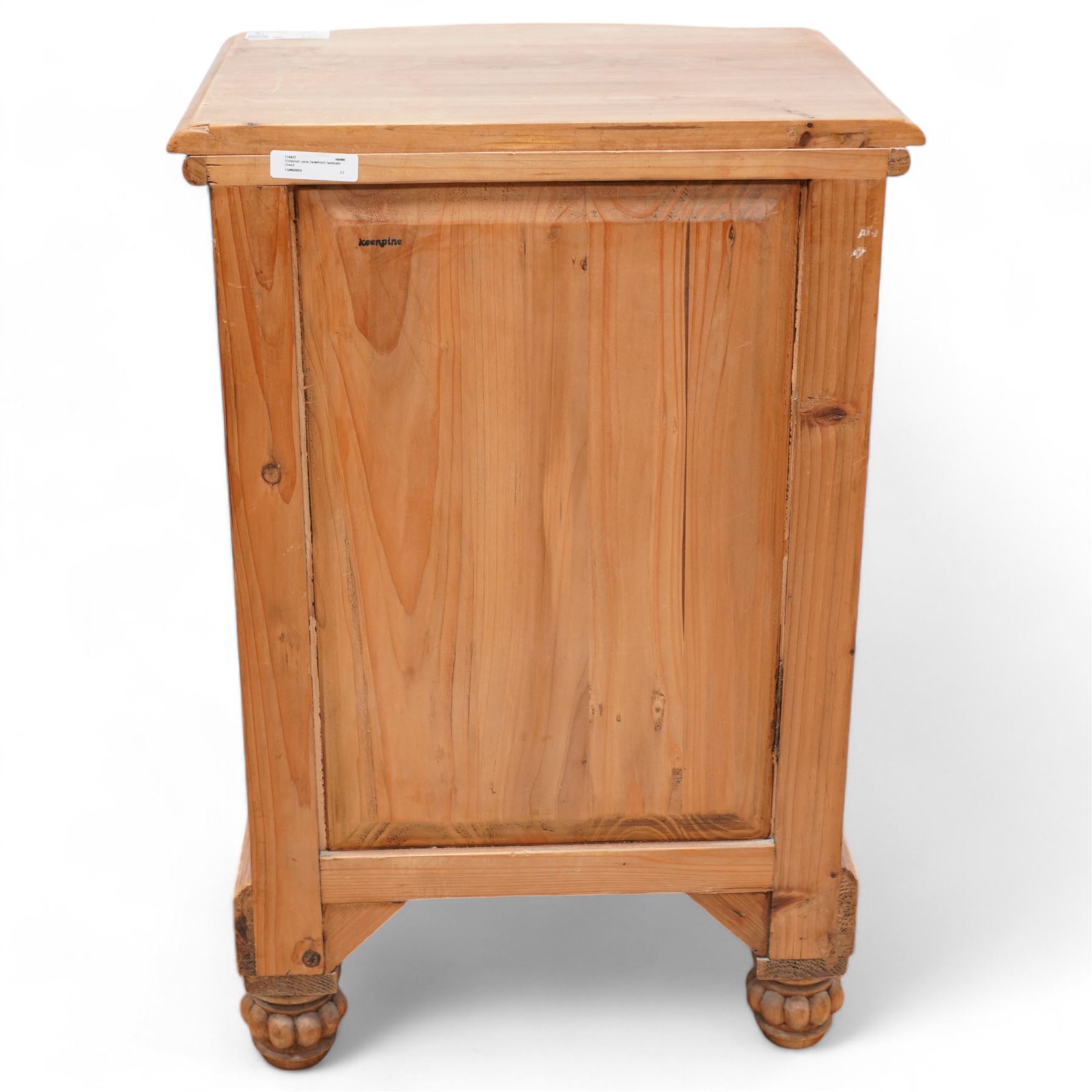 Keenpine - Victorian design bow-front pine bedside chest, cushion drawer over two graduating drawers flanked by scrolling acanthus uprights, on lobed feet