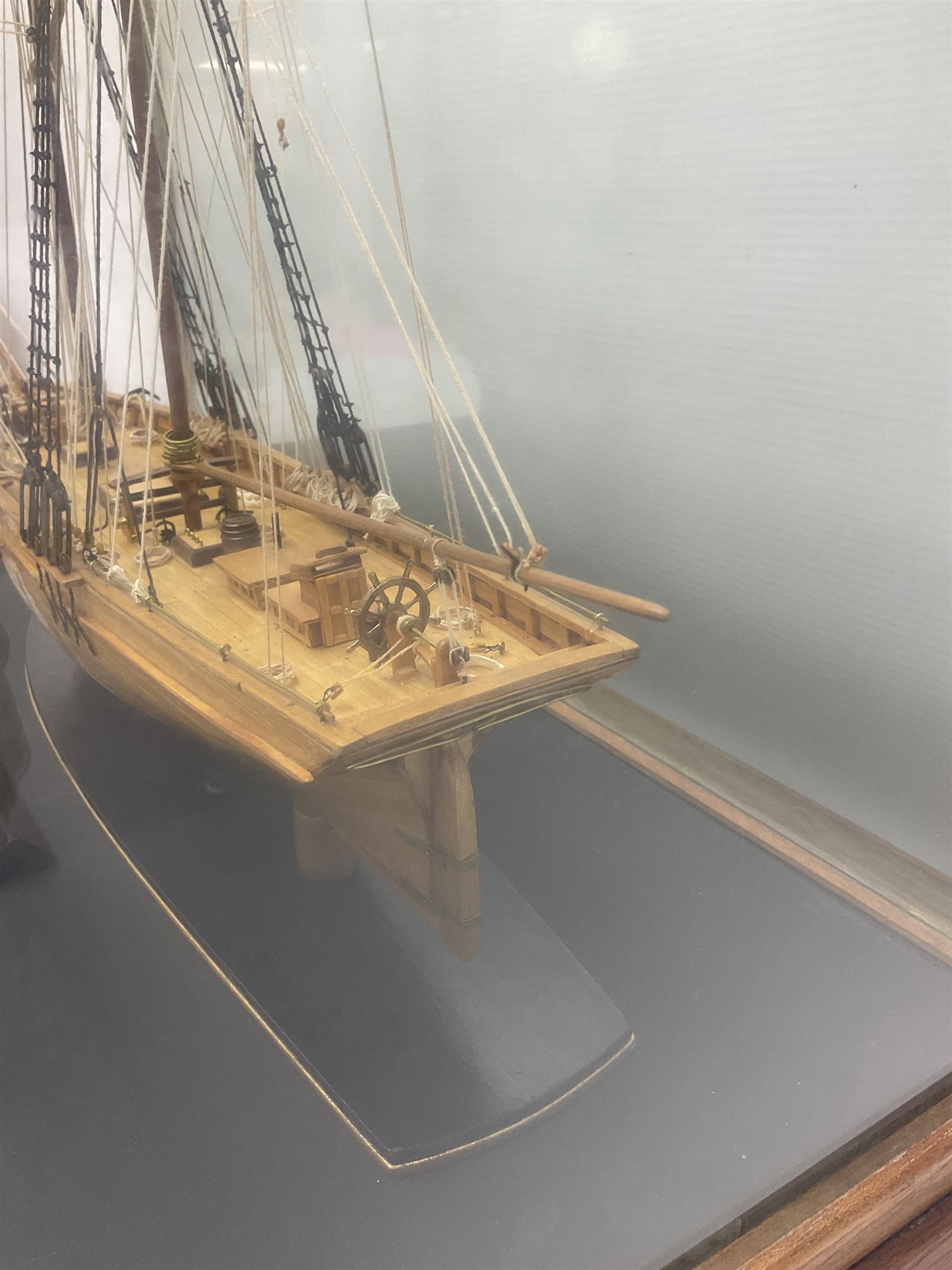 Cased scale built wooden model schooner 