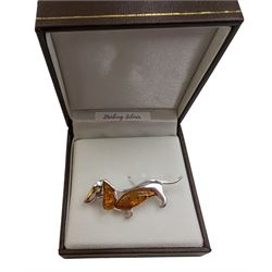 Silver Baltic amber dachshund brooch, stamped 925, boxed 