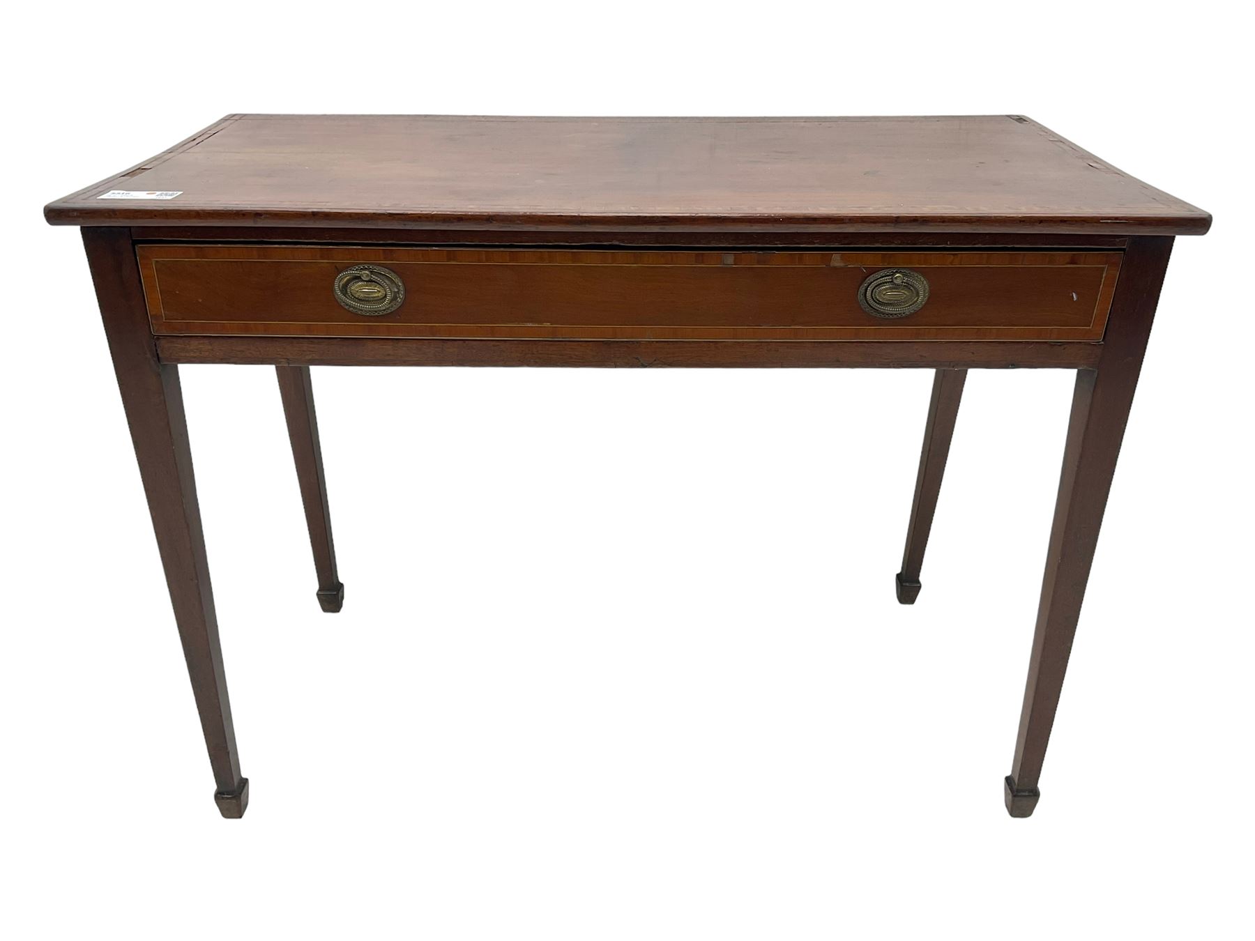 19th century inlaid mahogany side table, banded rectangular top over single full length drawer, on tapered supports with spade feet