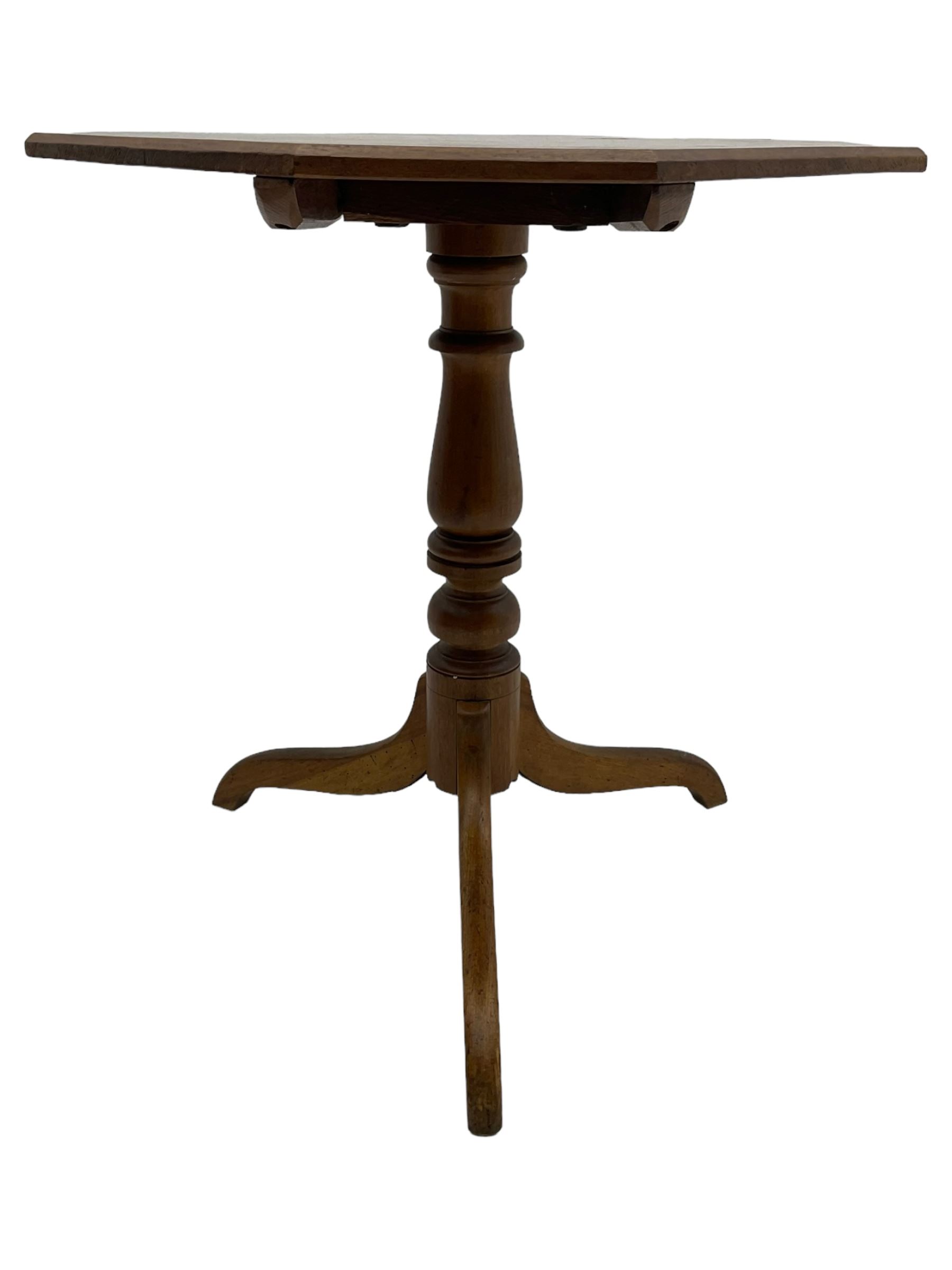 19th century walnut tripod table, square canted tilt-top with chamfered edge, turned pedestal with three splayed supports