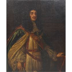 Circle of Sir Peter Lely (Dutch 1618-1680): Three-Quarter Length Portrait of King Charles II Wearing Garter Robes, 17th century oil on canvas laid onto board unsigned 121cm x 98cm, held within ornate gilt frame overall 148cm x 125cm