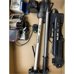 Collection of camera equipment and accessories, including tripods, stands and cases, by various makers including Hama, Benbo, etc 