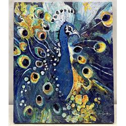 Ann Lamb (British 1955-): Peacock, mixed media on canvas signed 46cm x 38cm (unframed)