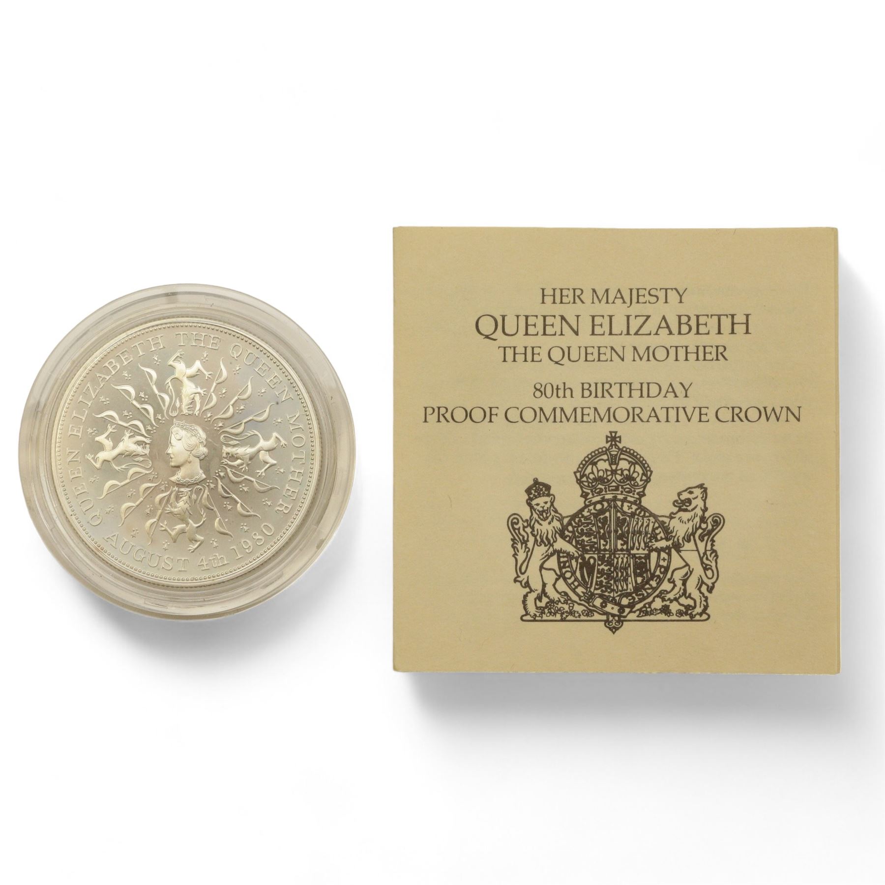 Eight The Royal Mint United Kingdom silver proof coins, comprising 1980 '80th Birthday' crown, 1981 'His Royal Highness The Prince Of Wales And Lady Diana Spencer' crown, 1984, 1985, 1986 and 1987 one pounds, all cased with certificates and a 1977 crown cased no certificate (8)