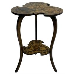 Late Victorian stained beech side table, trefoil clover-shaped top with floral pokerwork decoration, supported by curved fluted legs and united by undertier 