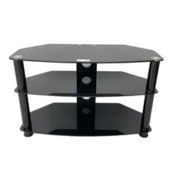 Contemporary black glass three-tier media television stand, raised by cylindrical supports with chrome accents