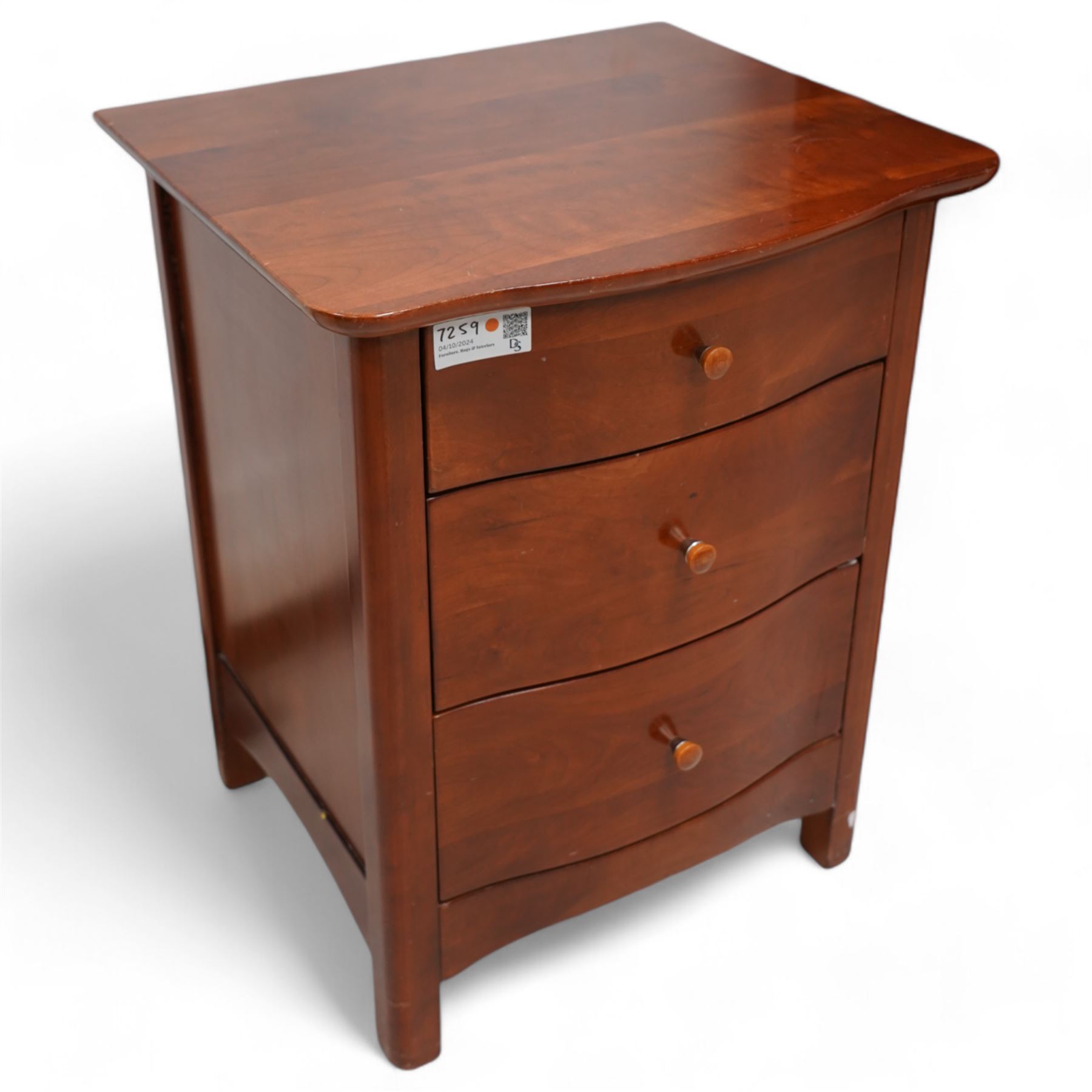 Willis & Gambier tall cherry wood serpentine front pedestal chest, fitted with five drawers, raised on square supports (W64cm D54cm H127cm); matching pair of bedside pedestal chests, fitted with three drawers (W52cm H66cm); and double headboard (W159cm) (4)