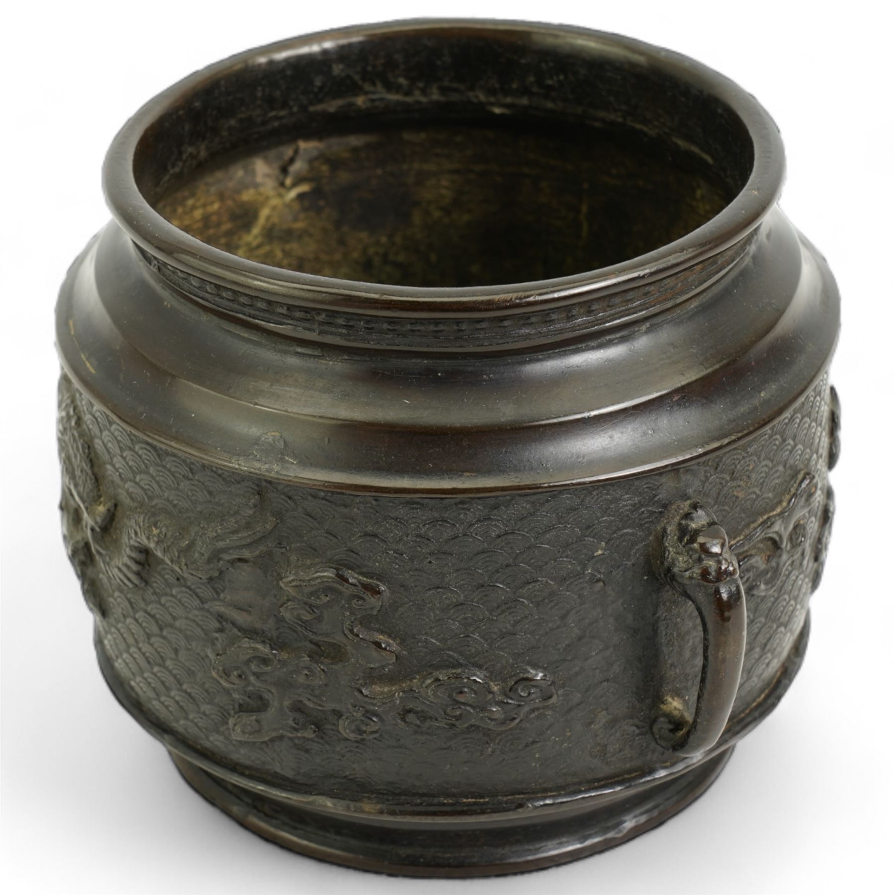 Japanese Meiji bronze two handled pot with raised pattern of dragons on a scaled ground D9.5cm x H9.5cm