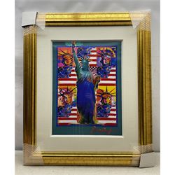 Peter Max (American 1937-): 'United we Stand', 'Liberty and Justice for All', 'God Bless America - With Five Liberties', 'God Bless America II', 'Peace on Earth', and 'Land of the Free, Home of the Brave', set of six mixed media with acrylic and colour lithography 59cm x 44cm (6)