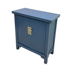 20th century Chinese blue lacquered cabinet, rectangular top over double doors with brass latch, interior fitted with shelves, on square supports