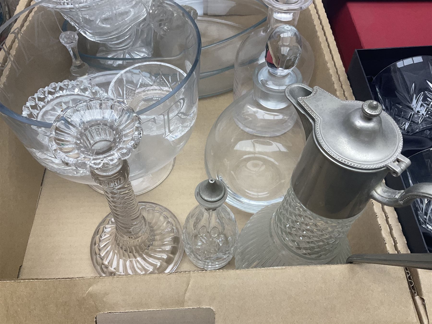 Set of six Royal Scot whisky tumblers, together with cased set of Thomas Wedd glasses, decanters and other glassware, in three boxes 