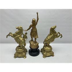 After Guillaume Coustou, pair of spelter Marley Horses, together with Jeanne D Arc figure, largest H48cm