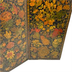 Late Victorian découpage scrap screen, three folding panels decorated with applied plates and cut-outs of portraits, floral and foliate images and animals