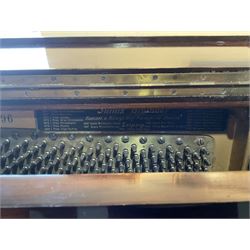 Bluthner of Leipzig - Early 20th century overstrung upright piano, serial number 79496 (1910), in a mahogany case with three front case panels and folding music desk, with 85 keys (seven octaves) underdamper action, original hammers, stringing, tuning pins, dampers and felts, with sostenuto and sustain pedals. Julius Bluthner was considered to be one of the the best makers of German upright pianos in the early 20th century both for tone quality and build. 

This item has been registered for sale under Section 10 of the APHA Ivory Act.