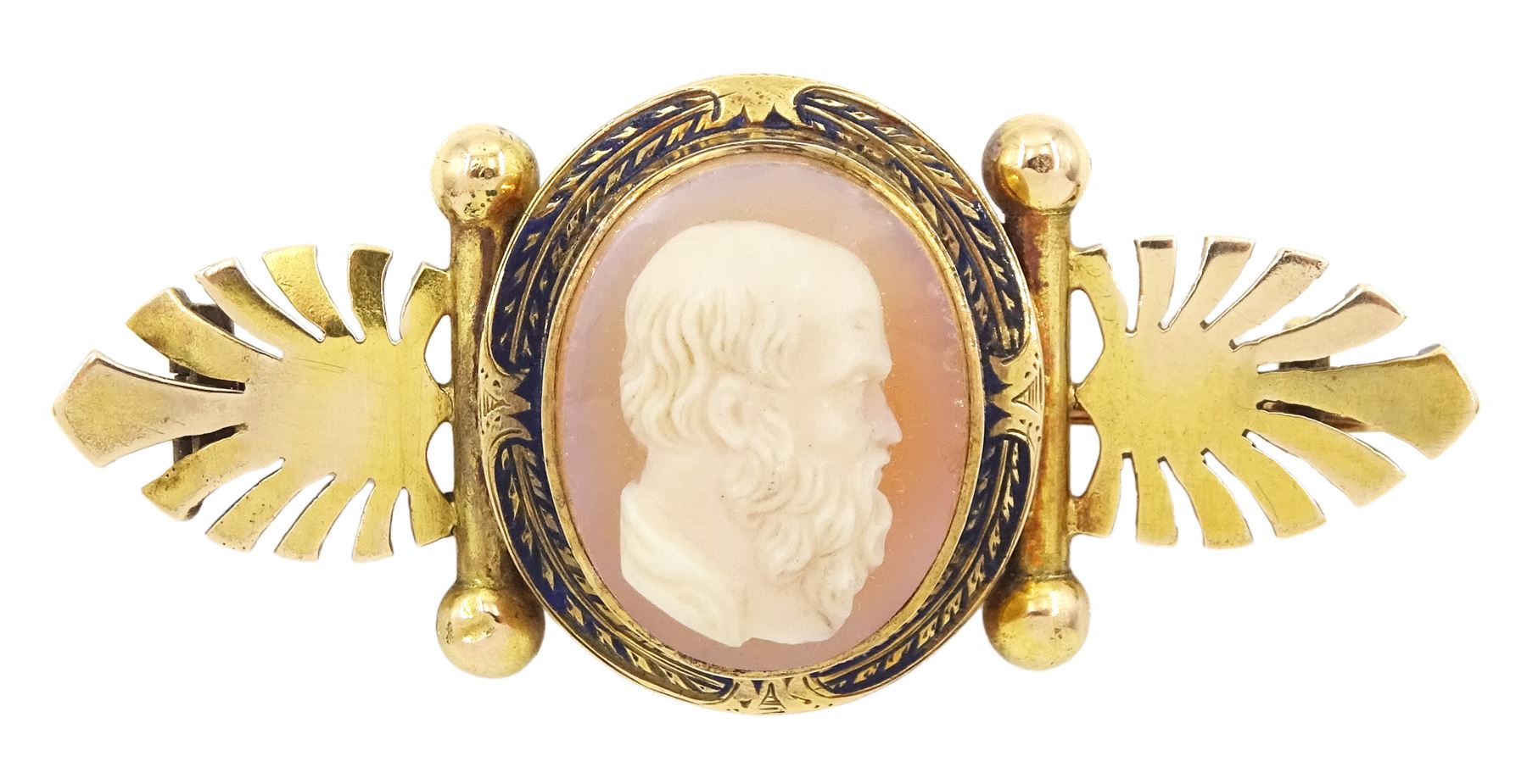 Victorian gold sardonyx cameo brooch, depicting the bust of a bearded gentleman, within a blue enamel frame flanked by acanthus leaves