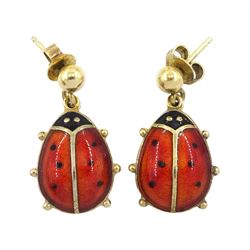 Pair of David Andersen silver-gilt red and black enamel ladybird pendant stud earrings, stamped