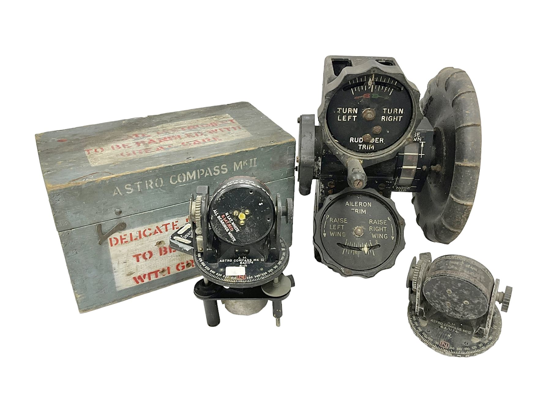 Cased Astro compass mark MK11, together with another and other aircraft equipment marked Aero Controls Ltd 