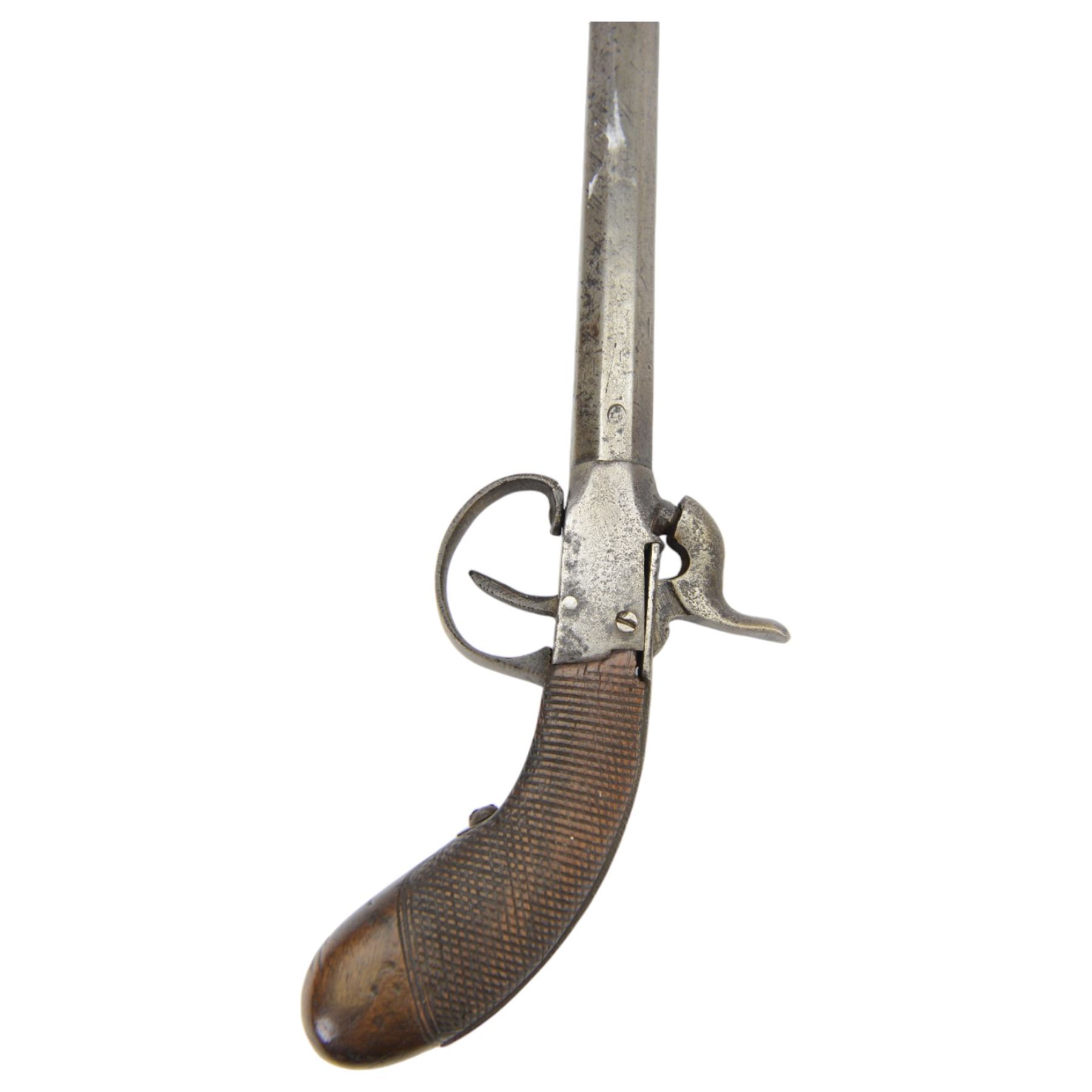 Late 19th century Belgian percussion boxlock pocket pistol, marked PM, with octagonal barrel and checkered wooden grip, L23cm
Sold as an exempt item under Section 58 (2) of the 1968 Firearms Act, to be held as a curiosity or ornament