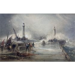 Frederick William Booty (British 1840-1924): Whitby Piers in Stormy Seas, watercolour sign...