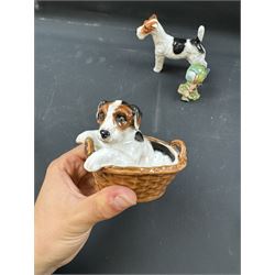 Two Royal Doulton figures of puppies in baskets, together with Beswick horse and other animal figures