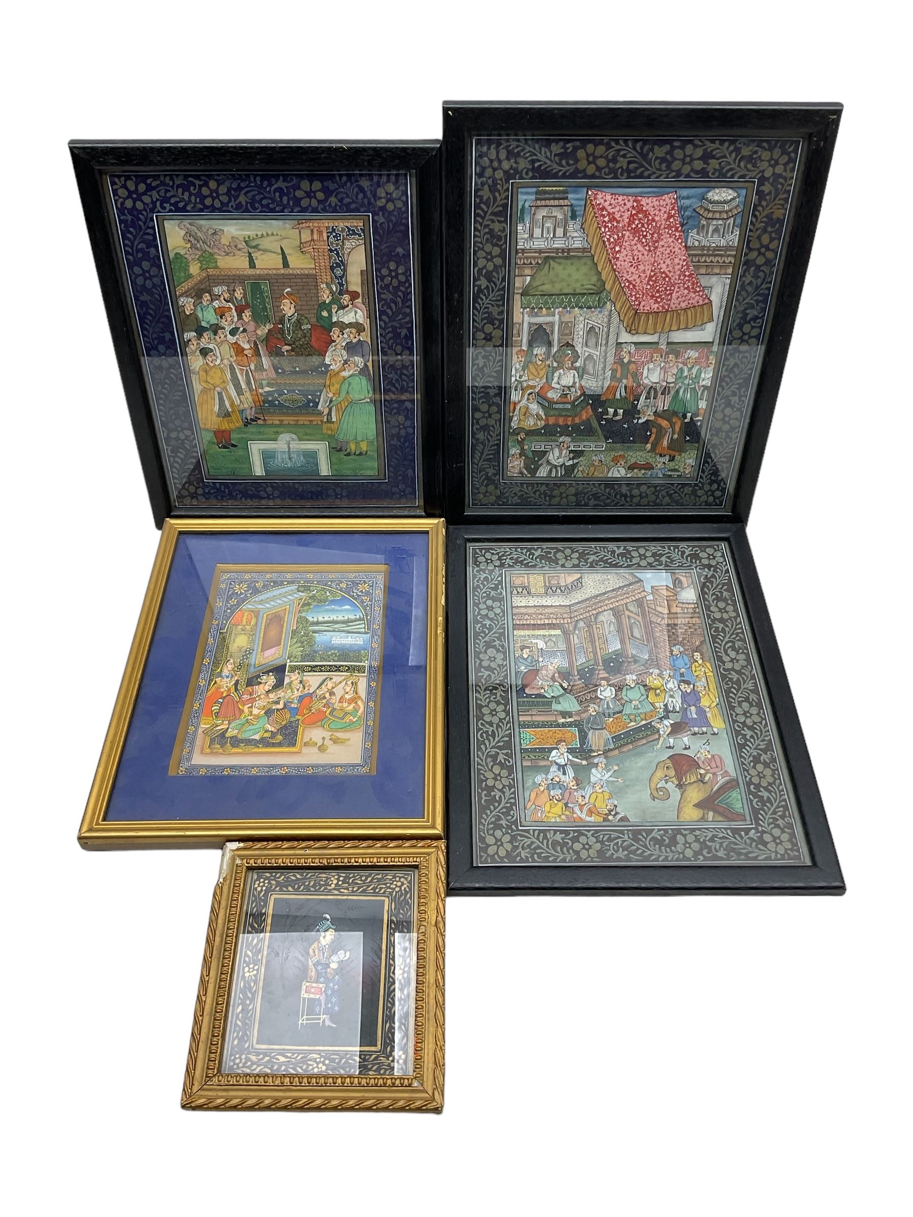 Five Mughal School paintings, and a print on silk (6)