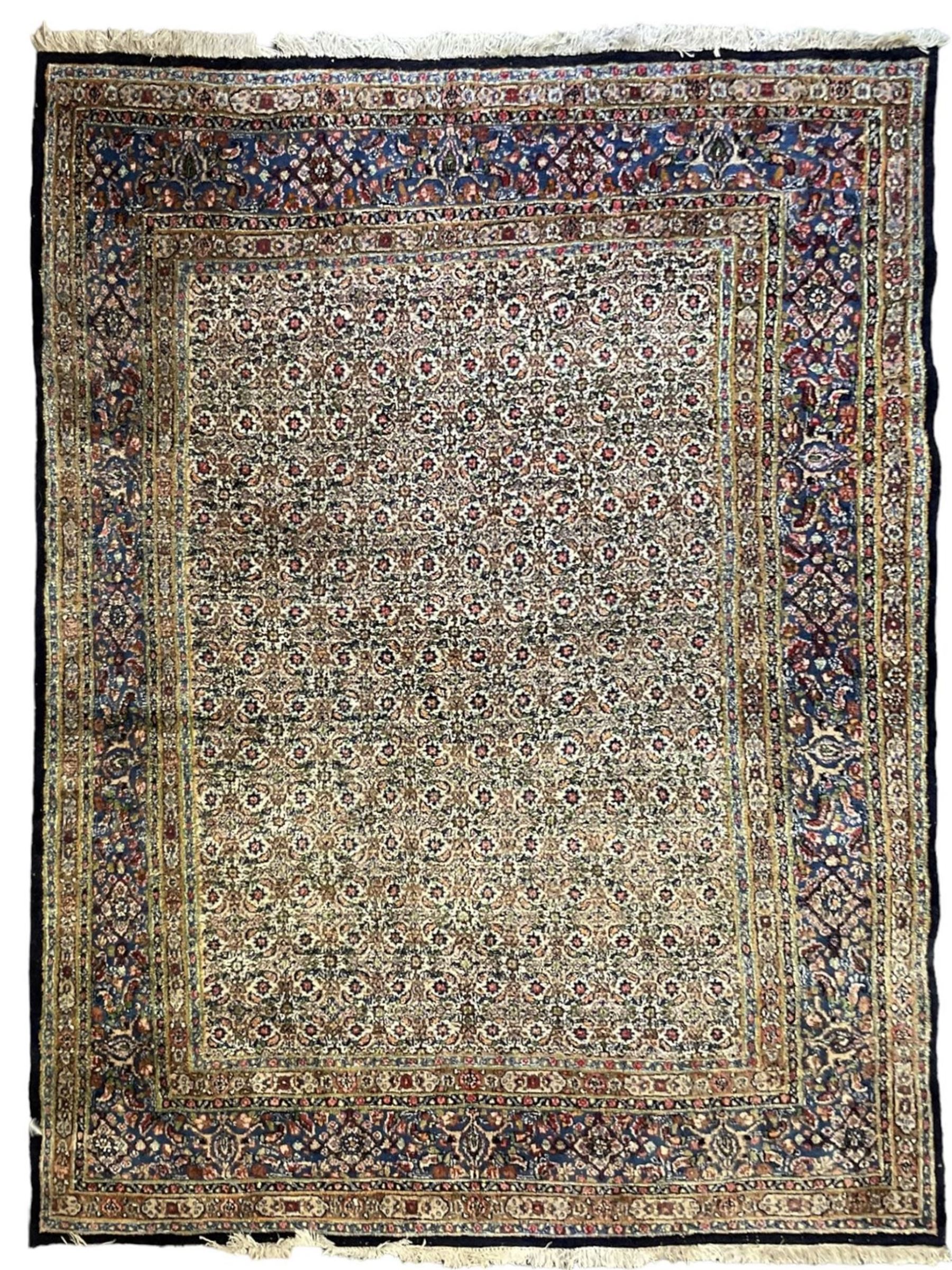 Persian indigo ground rug, the ivory field decorated with all-over flower heads, heavily guarded border with repeating stylised plant motifs