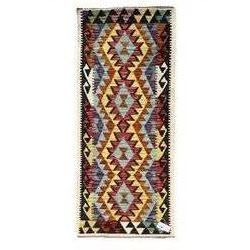 Chobi Kilim ivory ground runner rug, the field decorated with four multi-coloured lozenges, each with central geometric decoration, within concentric lozenges, enclosed by hooked border