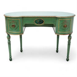 Edwardian Adam Revival green-painted and parcel gilt kneehole desk or dressing table, kidney shaped form with foliate carved edge, fitted with three drawers painted with urn and fruiting laurel wreaths with ribbon ties, on acanthus leaf and draped festoon decorated turned supports 