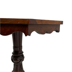 Victorian figured mahogany tripod table, octagonal top with segmented highly figured veneers over pointed arch frieze rails, on turned egg and dart carved pedestal with lappet carved baluster, three splayed and C-scroll carved supports with scrolled terminals