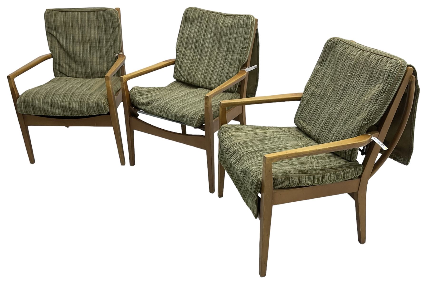 Cintique - set of three beech framed open easy chairs 