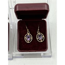 Pair of 9ct gold opaltriplet pendant earrings, together with a similar pair of 9ct gold amethyst pendant earrings, both stamped 9ct, L2.6cm