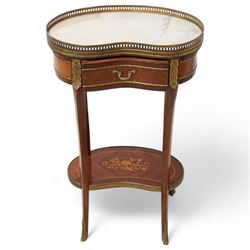 Early 20th century French walnut kidney-shaped occasional table, white marble top with raised pierced brass gallery, fitted with single frieze drawer, flanked by acanthus shaped gilt metal mounts, raised on cabriole supports united by a floral inlaid under-tier