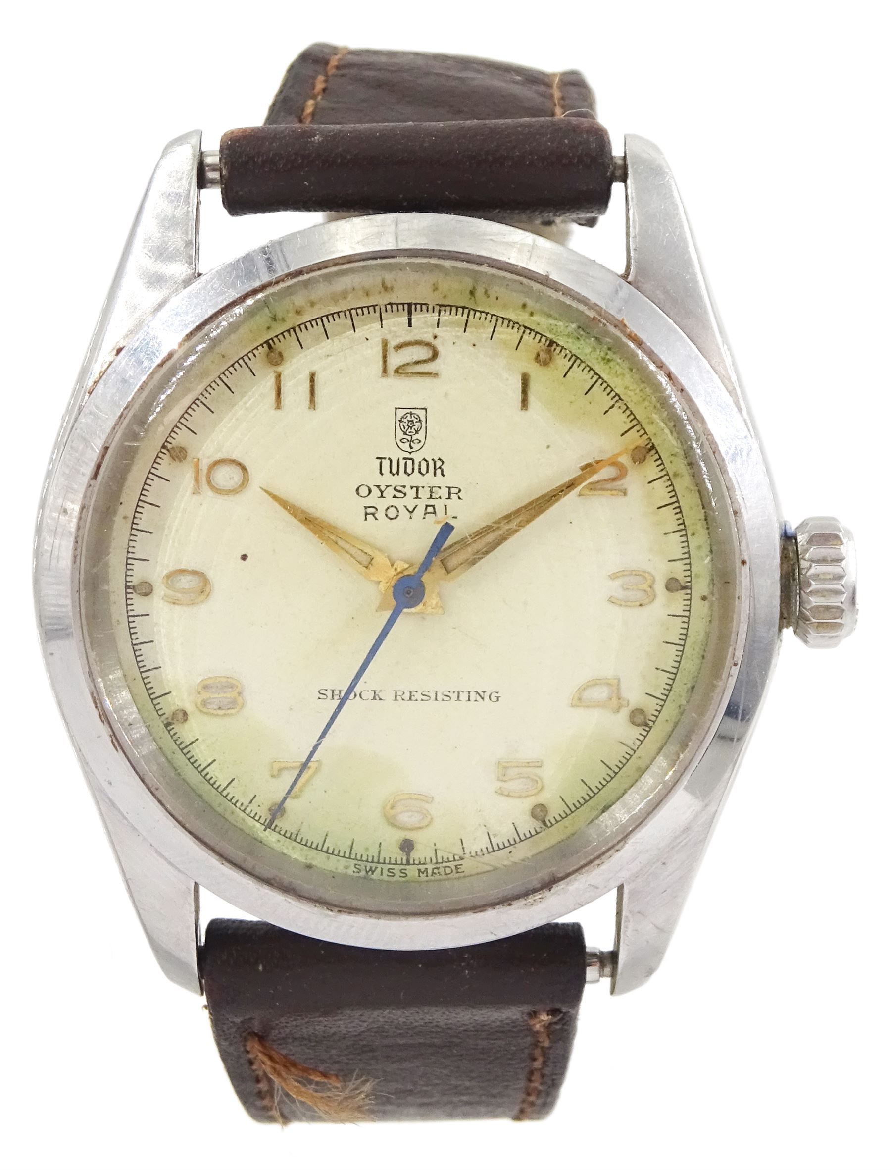 Tudor Oyster Royal gentleman's stainless steel manual wind wristwatch, Ref. 7934, cream dial with Arabic hour markers, on brown leather strap