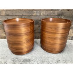 Pair of walnut circular barrel shaped lamp tables, fitted with single drawer