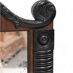 Early 19th century rosewood and ebonised overmantel mirror, scroll shaped pediment decorated with ebonised acanthus carved applied mounts, rib turned upright mounts enclosing rectangular mercury mirror plate, applied lower beaded edge 